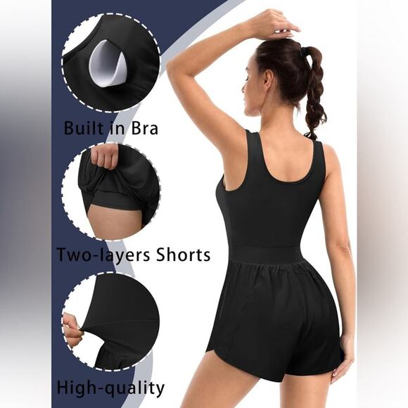 Athletic Tank Tops Built in Bra Jumpsuits Onesie Gym Shorts Rompers Zip Pockets - Picture 3 of 6
